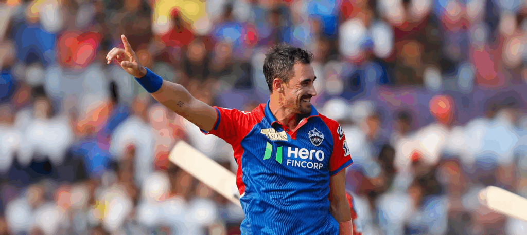 Mitchell Starc in Delhi Capitals jersey during IPL 2025 before decision to skip tournament resumption
