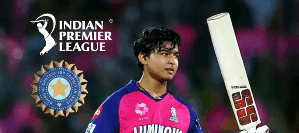 Vaibhav Suryavanshi with bat after IPL match, BCCI and IPL logos in background